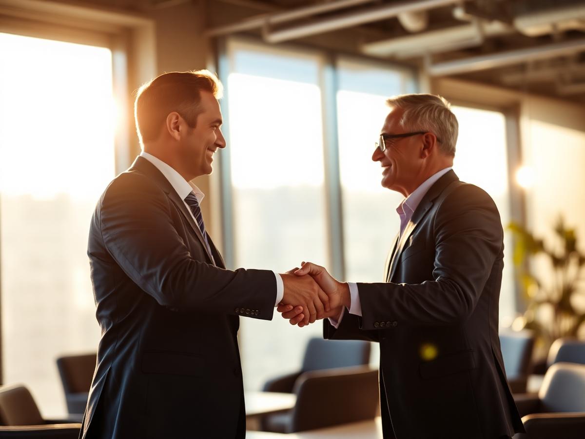 Two executives shaking hands in a sunlit boardroom